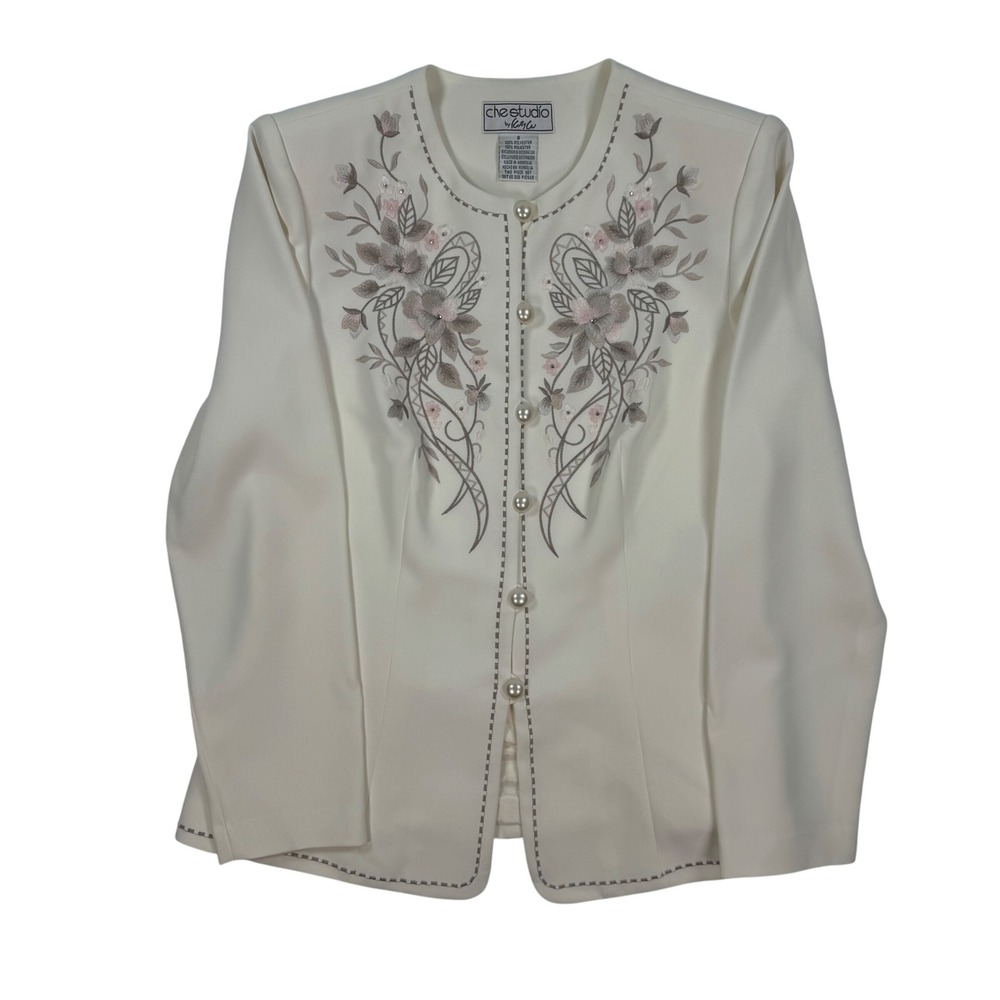 Che Studio by Kathy Cho Cream Floral Embroidered Pearl Button Blazer Jacket 8